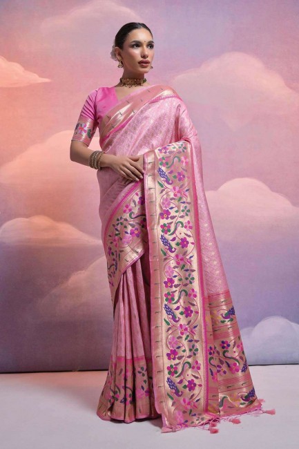 Banarasi silk Saree in Baby pink with Plain
