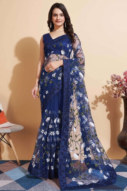 Blue Saree with embroidered Soft net