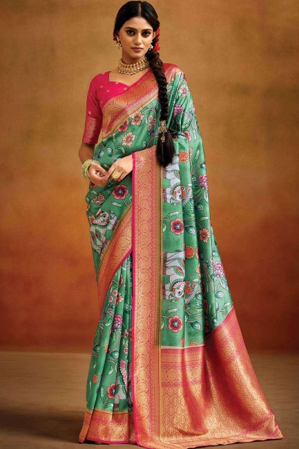 Digital print Banarasi silk Green Saree with Blouse