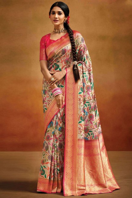 Digital print Saree in Beige Banarasi silk