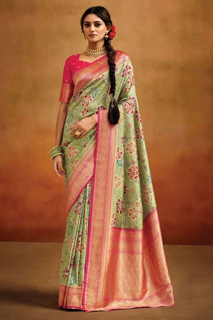 Digital print Saree in Pista Banarasi silk