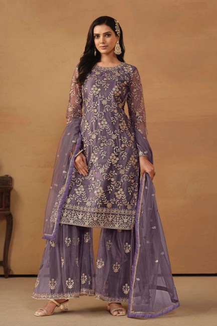 Embroidered Straight Pant Suit in Purple Net