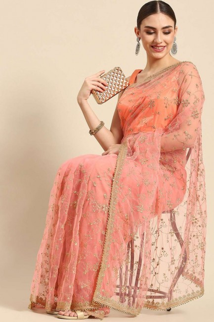 Pink Saree in Embroidered Net
