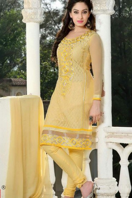 Snazzy yellow Cotton Churidar Suits