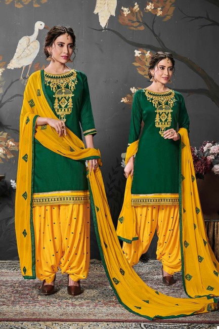 Dark green Cotton and silk Patiala Suits