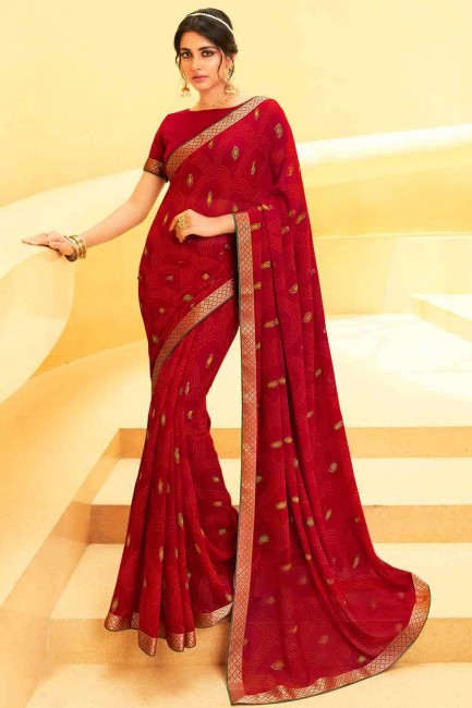Ethinc Georgette lace Saree in Red with Blouse