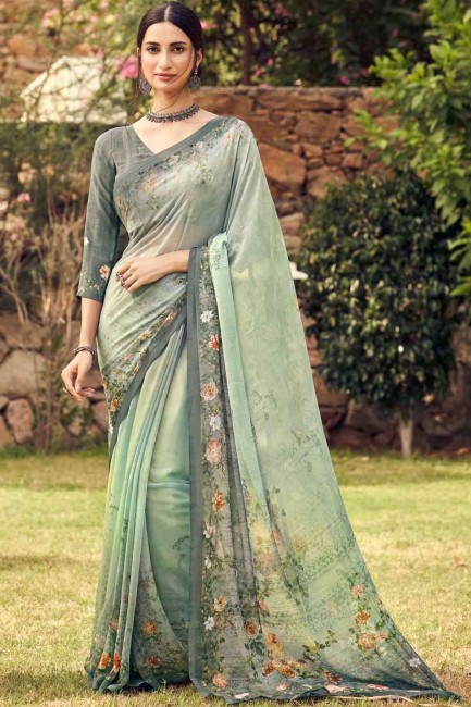 Printed Faux georgette Saree in Olive with Blouse