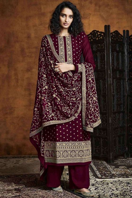 Palazzo Suit in Maroon Faux georgette with Sequins