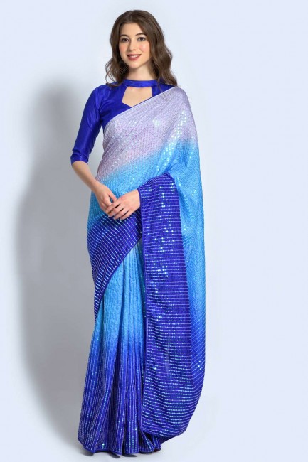 Saree Blue  in Georgette with Embroidered