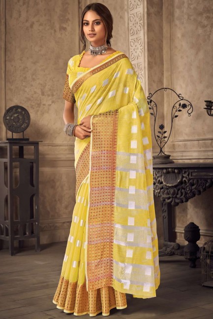 Weaving Saree in Yellow Linen