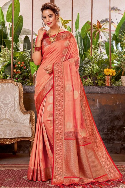 Weaving Linen Peach Saree with Blouse
