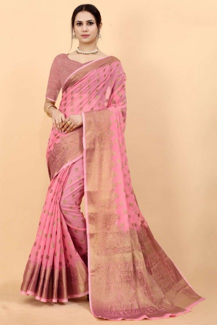 Cotton Zari Pink Saree with Blouse