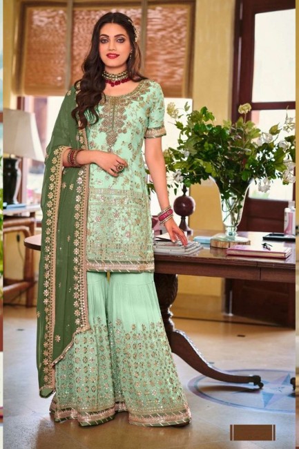 Faux georgette Stone with moti Light green Palazzo Suit with Dupatta
