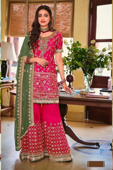 Pink Palazzo Suit in Stone with moti Faux georgette