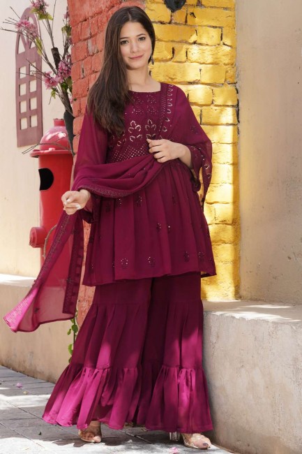 Faux georgette Burgundy Sharara Suit in Embroidered