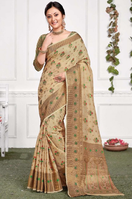 Beige Saree in Cotton with Weaving