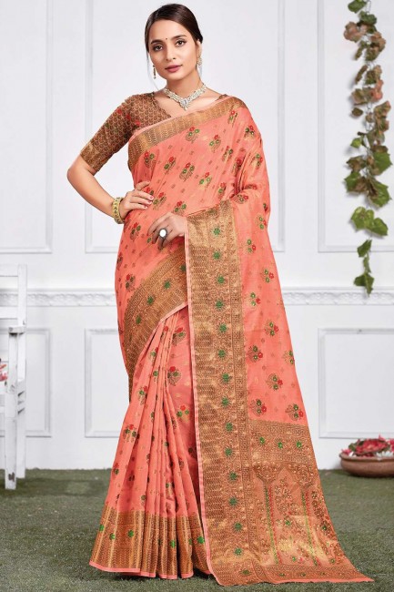 Cotton Saree in Peach with Weaving