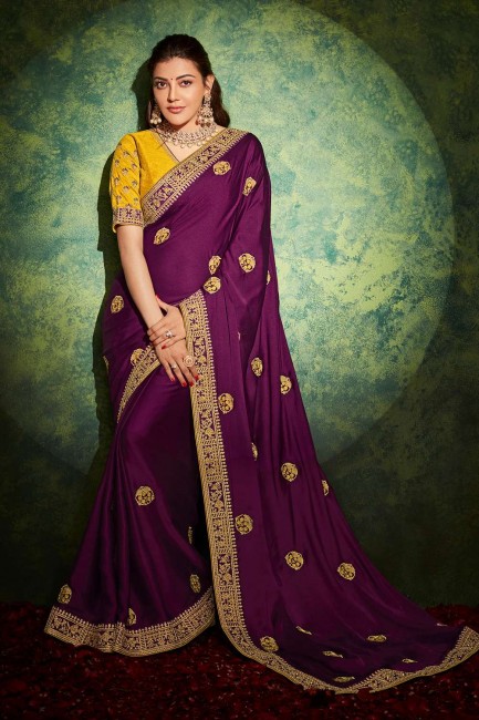 Silk and shimmer Saree in Purple with Embroidered