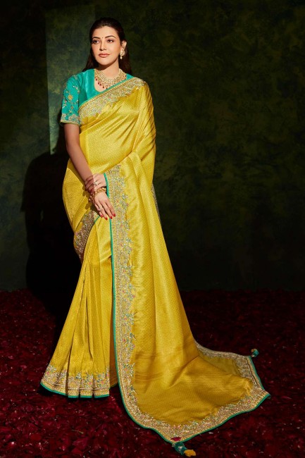 Embroidered Silk and shimmer Saree in Lime green