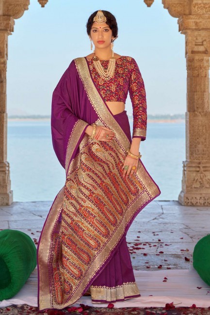 Banarasi silk Purple Banarasi Saree with Weaving