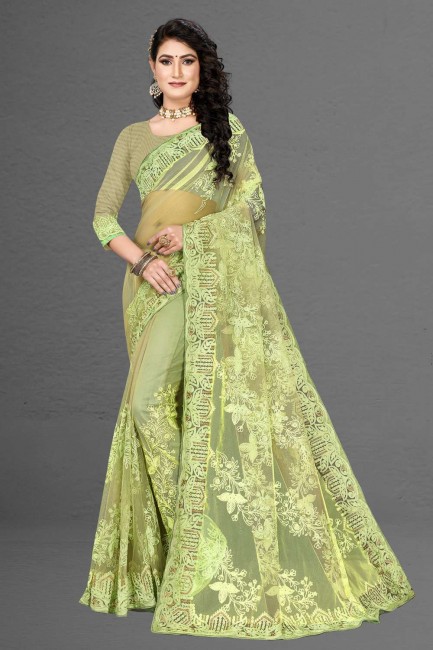 Pista green Embroidered,weaving,stone with moti Net Saree
