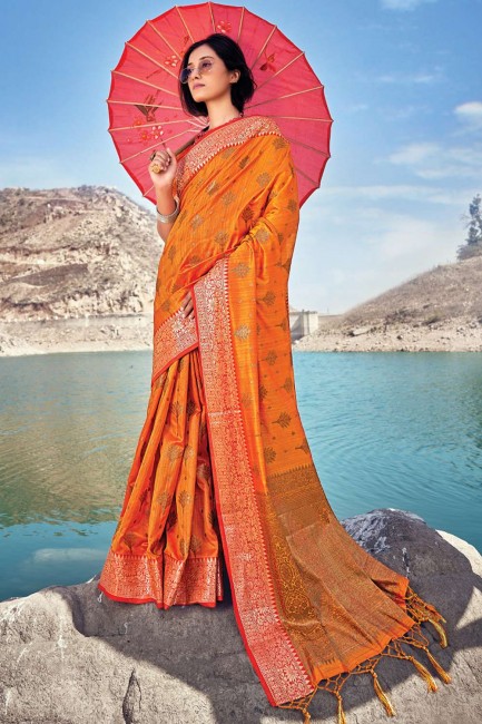 Orange Zari Banarasi silk Banarasi Saree