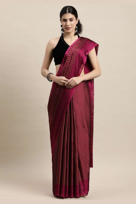 Printed Crepe Saree in Magenta with Blouse