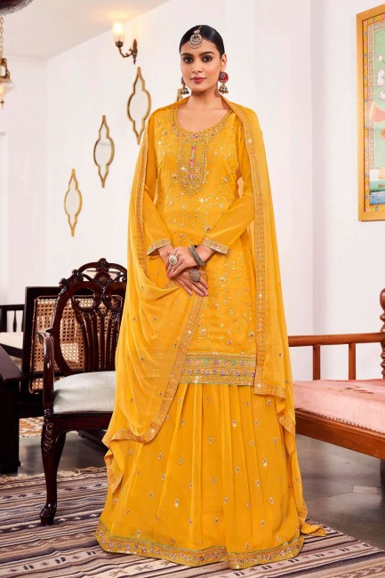 Embroidered Georgette Eid Sharara Suit in Yellow