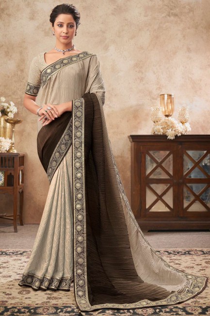 Thread,mirror,embroidered Chinon chiffon Saree in Beige with Blouse