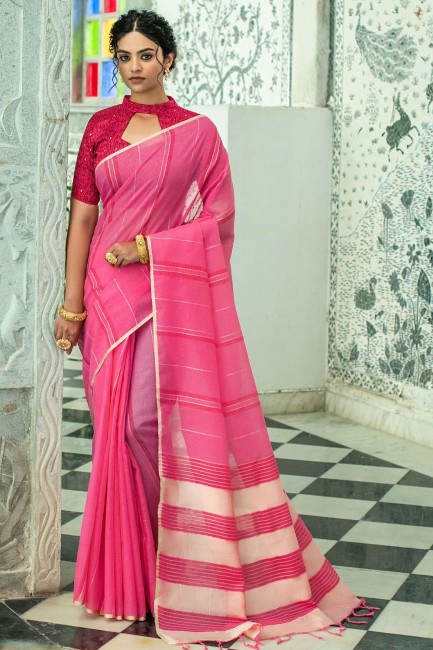 Linen Saree with Plain in Pink