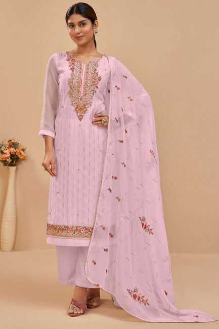 Georgette Embroidered  Pink Palazzo Suit with Dupatta
