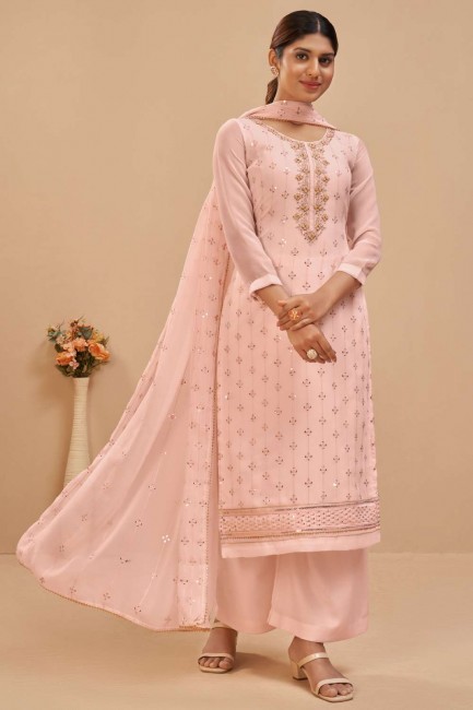 Peach Palazzo Suit in Georgette with Embroidered
