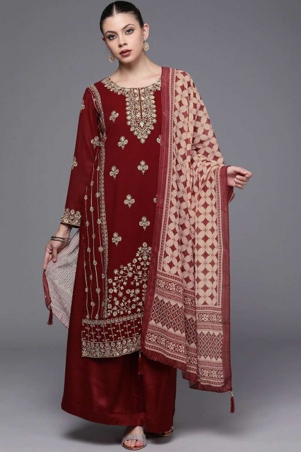 Georgette Palazzo Suit in Maroon with Printed