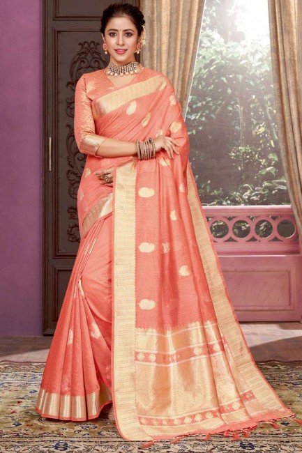 Peach Saree in Cotton with Weaving