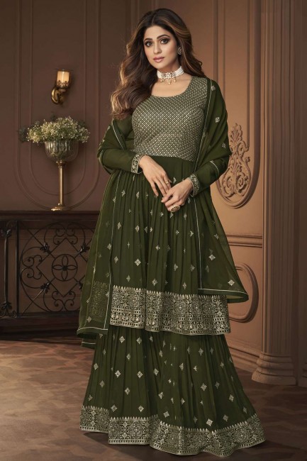 Embroidered Georgette Mehndi  Sharara Suit with Dupatta