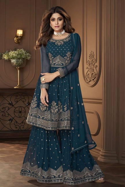 Georgette Sharara Suit with Embroidered in Teal blue