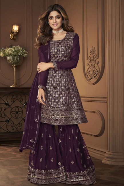 Wine Georgette Embroidered Sharara Suit with Dupatta
