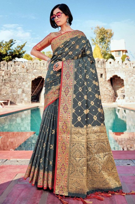 Grey Banarasi Saree with Zari Banarasi silk