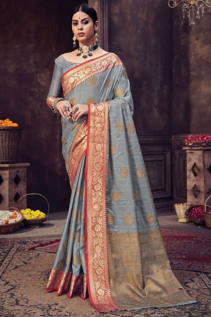 Zari Banarasi Saree in Grey Banarasi silk