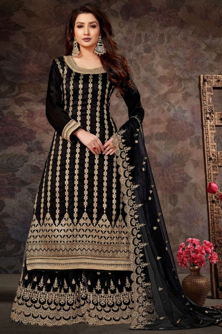 Black Palazzo Suit with Embroidered Jacquard