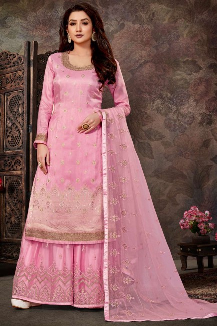 Embroidered Palazzo Suit in Pink Jacquard