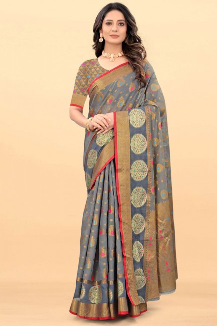 Cotton Grey Saree Weaving with Blouse