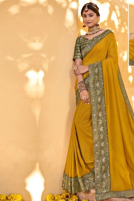 Weaving,lace Silk Mustard Saree with Blouse