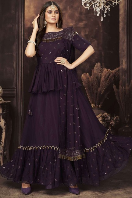 Embroidered Georgette Sharara Suit in Wine