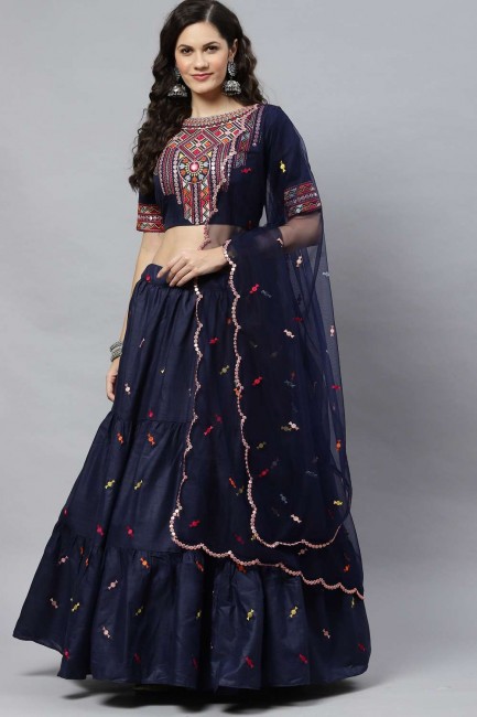 Embroidered Cotton Party Lehenga Choli in Blue with Dupatta