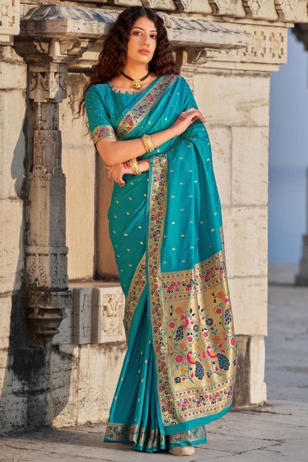 Turquoise  Banarasi Saree with Weaving Banarasi silk