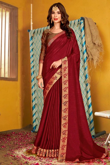 Maroon Weaving,lace border Silk Saree