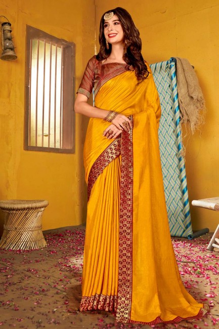 Yellow Silk Saree with Weaving,lace border