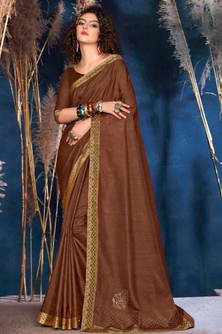 Lace border Silk Saree in Coffee with Blouse