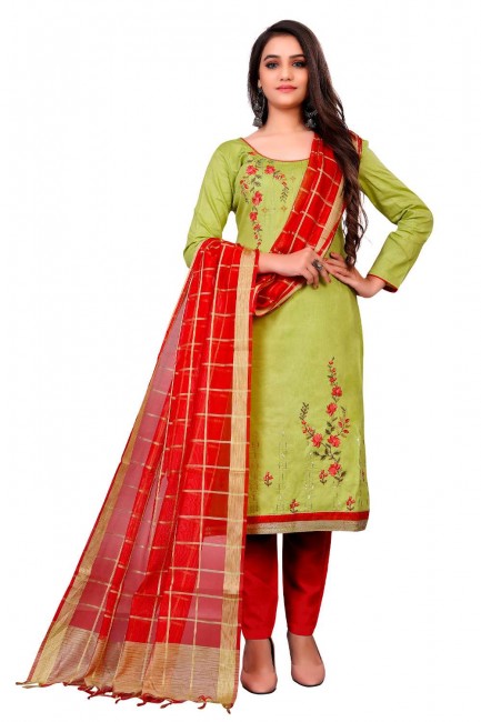 Cotton Salwar Kameez in Green with Lace border
